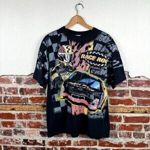Vintage Race Rock Shirt Size XL Black Single Stitch AOP Orlando Racing 90s
